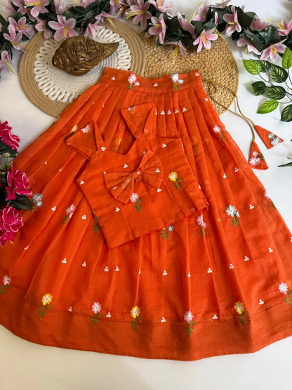 Mul Chanderi Floral Kids Lehenga Set - Orange
