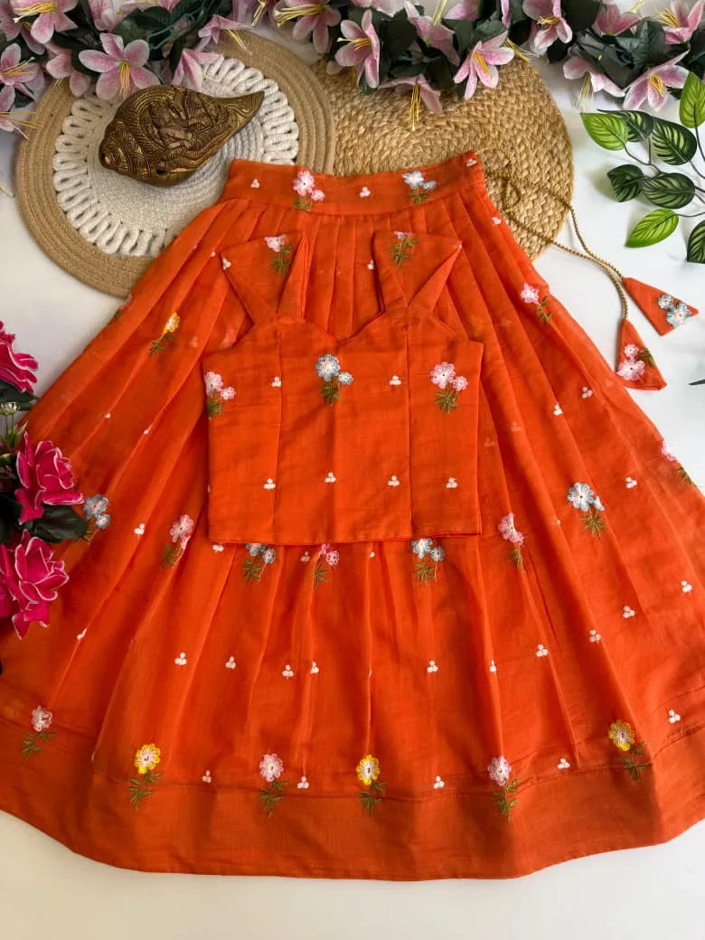 Mul Chanderi Floral Kids Lehenga Set - Orange