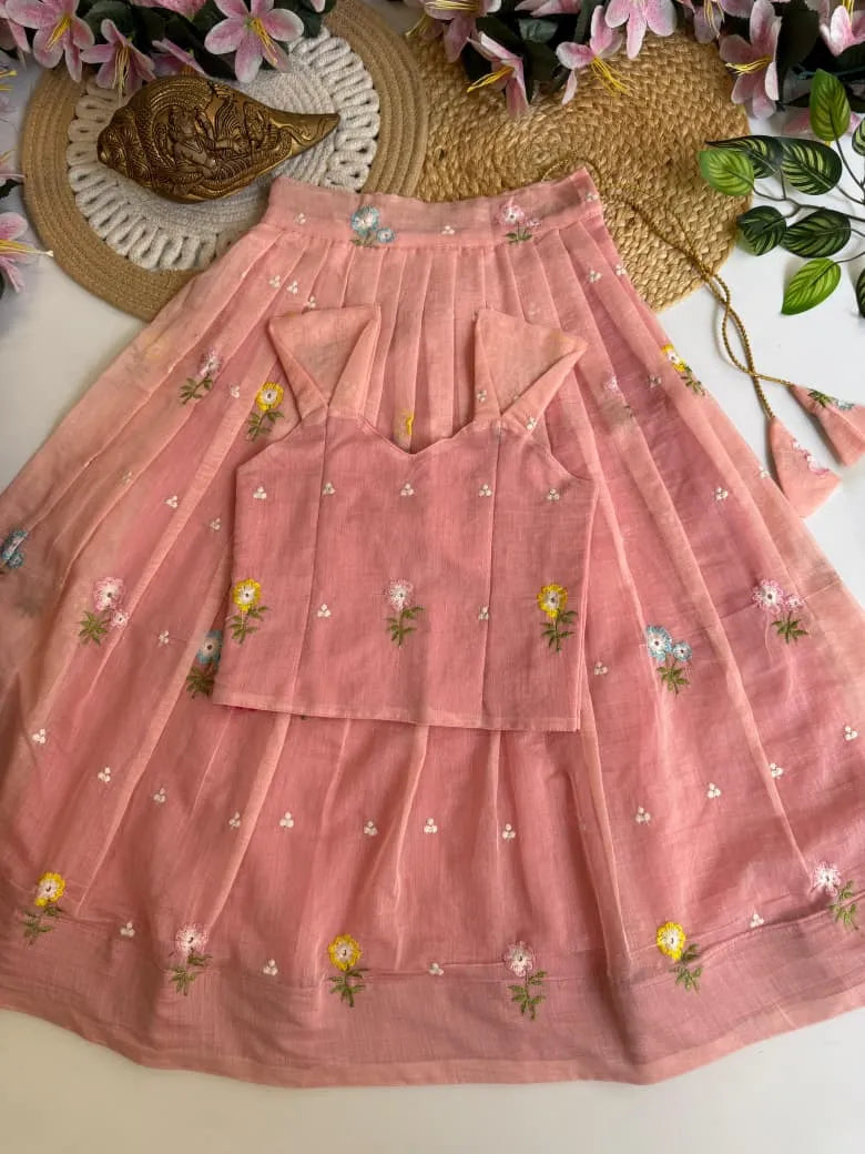 Mul Chanderi Floral Kids Lehenga Set - Peach