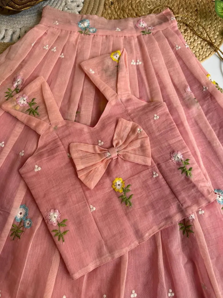 Mul Chanderi Floral Kids Lehenga Set - Peach