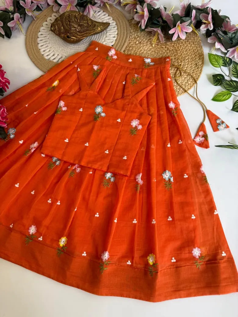 Mul Chanderi Floral Kids Lehenga Set - Orange