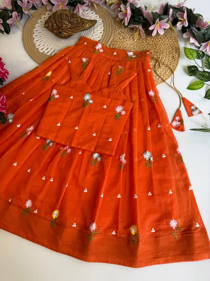 Mul Chanderi Floral Kids Lehenga Set - Orange
