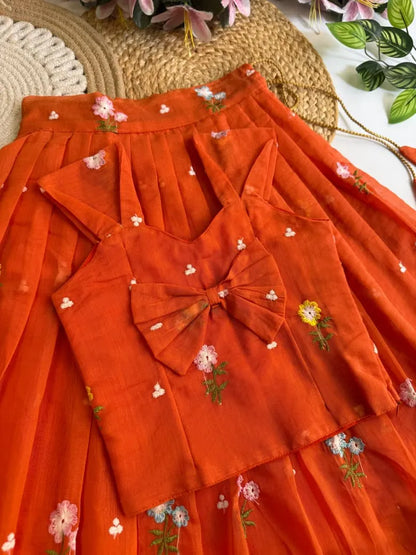 Mul Chanderi Floral Kids Lehenga Set - Orange