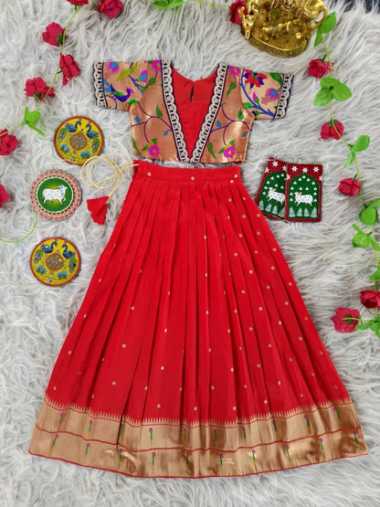 Paithani Zari Kids Skirt & Top Set- Red