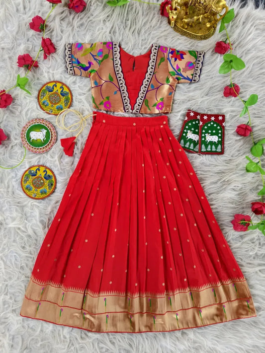 Paithani Zari Kids Skirt & Top Set- Red