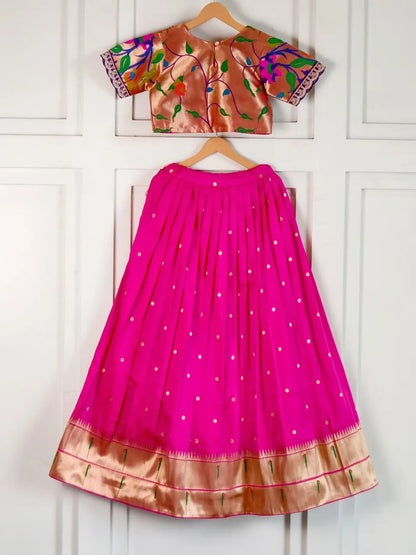 Paithani Zari Kids Skirt & Top Set- Rani Pink