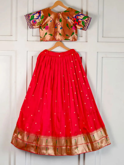 Paithani Zari Kids Skirt & Top Set- Red