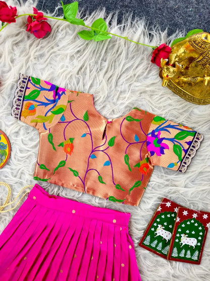 Paithani Zari Kids Skirt & Top Set- Rani Pink