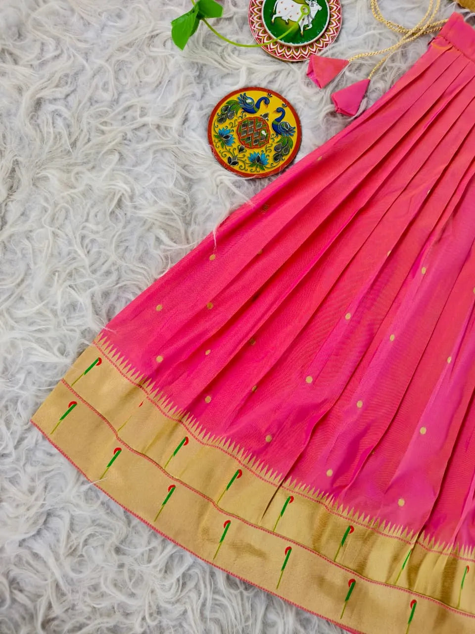 Paithani Zari Kids Skirt & Top Set- Gajri Pink