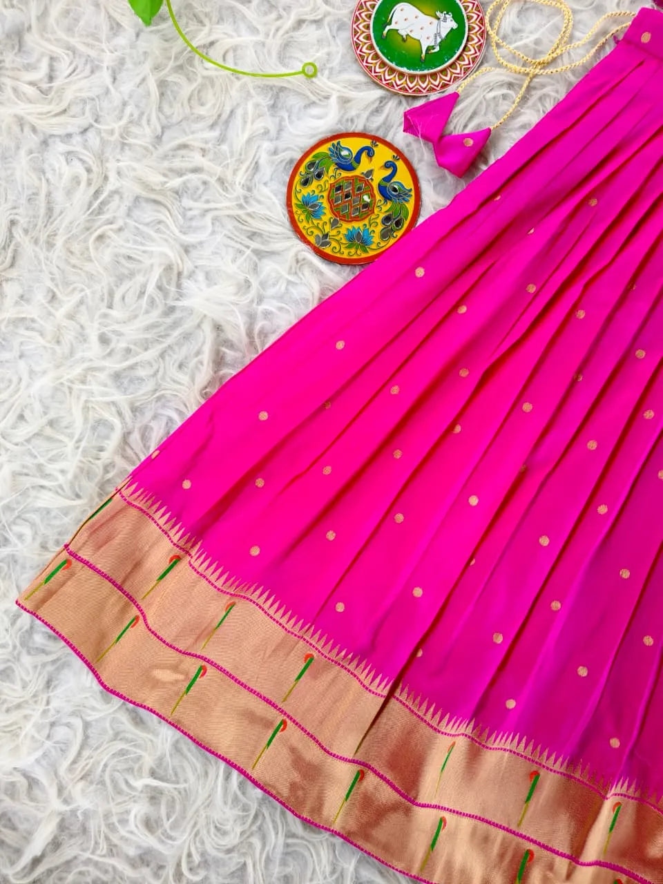 Paithani Zari Kids Skirt & Top Set- Rani Pink