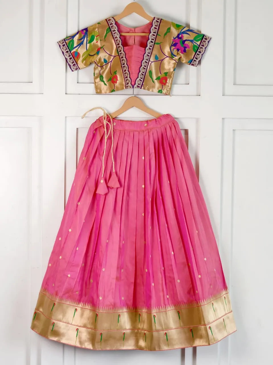 Paithani Zari Kids Skirt & Top Set- Gajri Pink