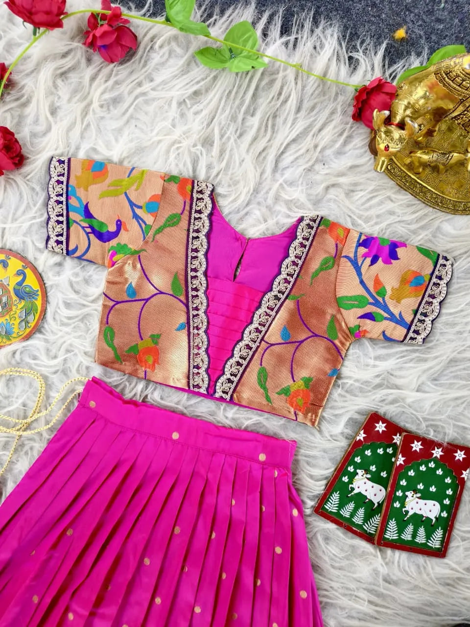 Paithani Zari Kids Skirt & Top Set- Rani Pink