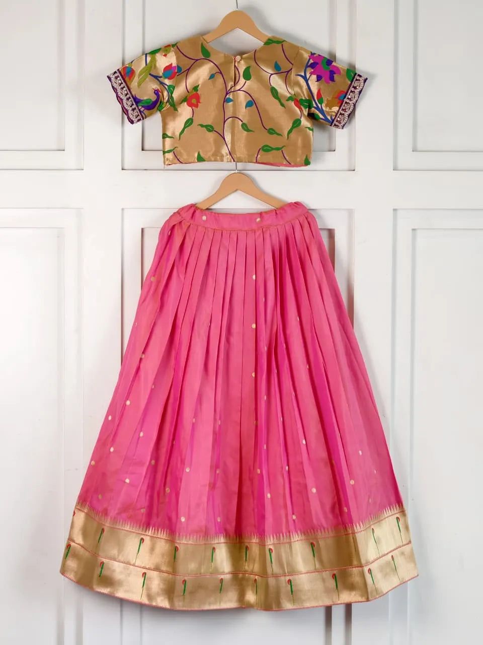 Paithani Zari Kids Skirt & Top Set- Gajri Pink