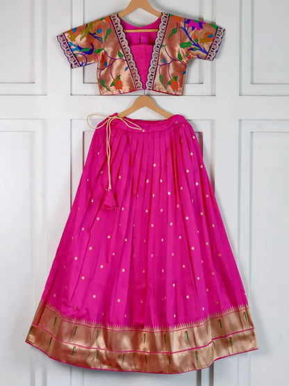 Paithani Zari Kids Skirt & Top Set- Rani Pink