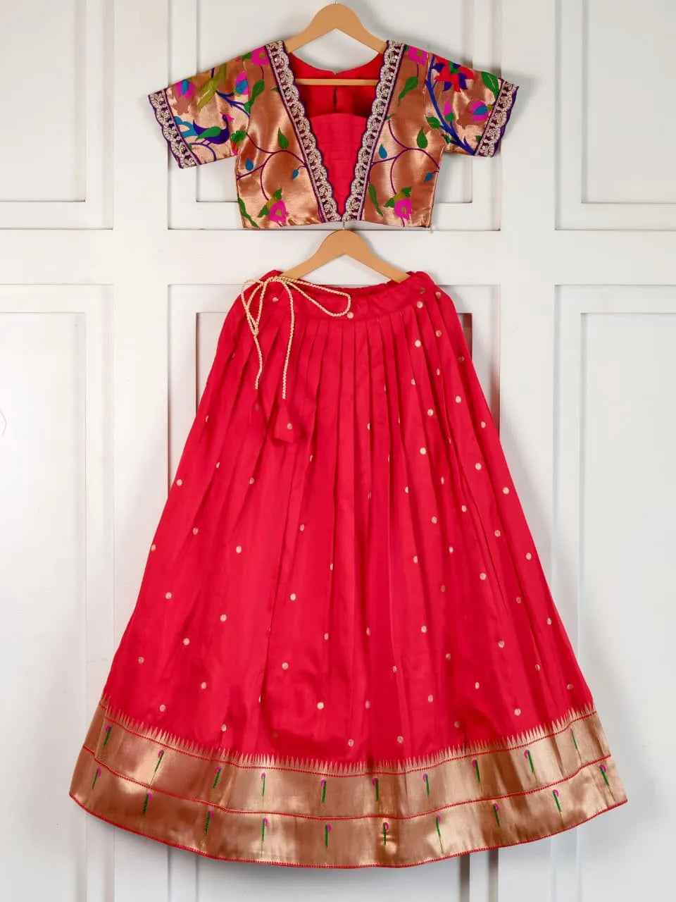 Paithani Zari Kids Skirt & Top Set- Red