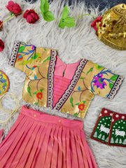 Paithani Zari Kids Skirt & Top Set- Gajri Pink