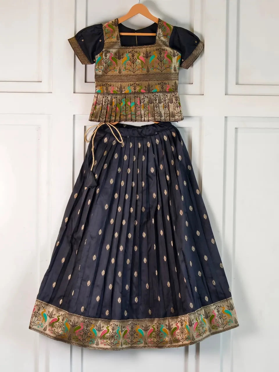 Kids Black Ethnic Soft Silk Skirt & Top Set