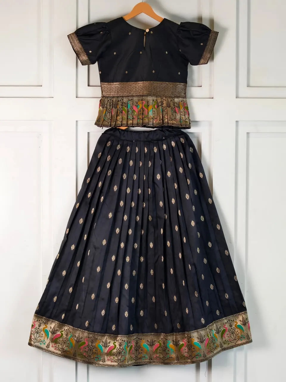 Kids Black Ethnic Soft Silk Skirt & Top Set