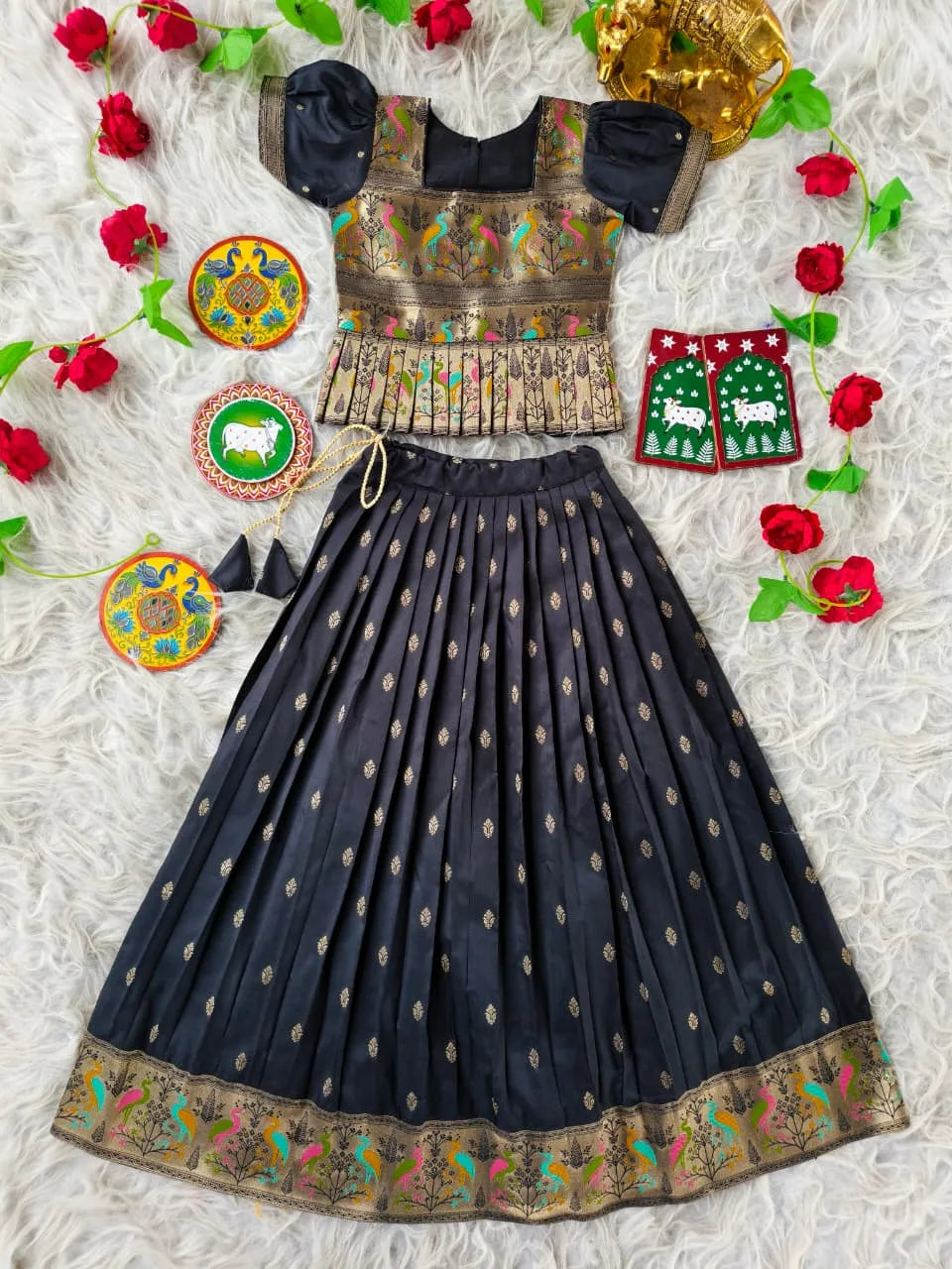 Kids Black Ethnic Soft Silk Skirt & Top Set