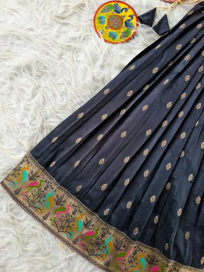 Kids Black Ethnic Soft Silk Skirt & Top Set
