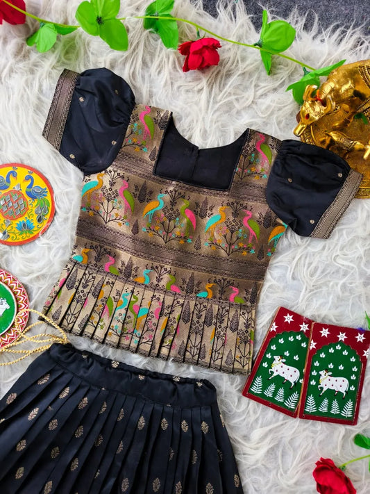 Kids Black Ethnic Soft Silk Skirt & Top Set