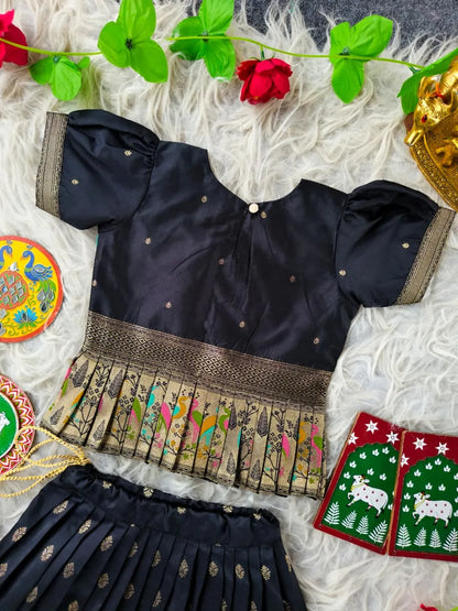 Kids Black Ethnic Soft Silk Skirt & Top Set