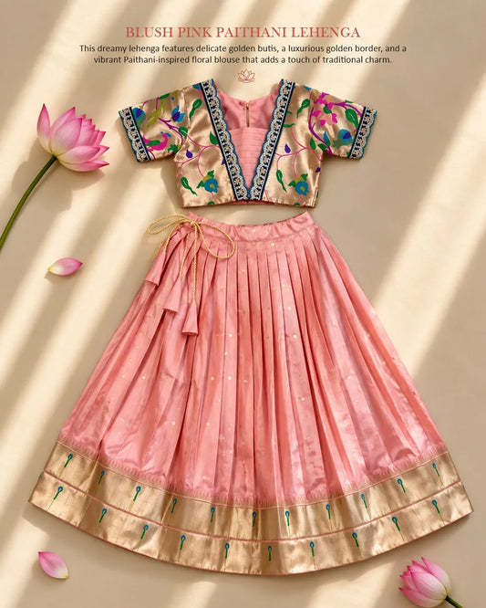 Paithani Zari Kids Skirt & Top Set- Baby Pink
