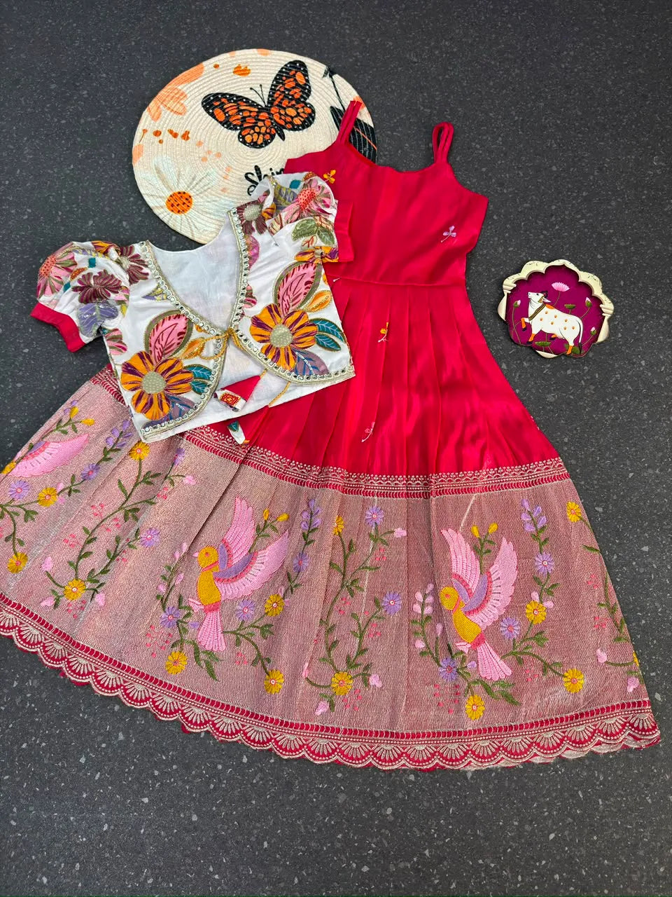Position Printed & Embroidered Gown for Kids - Red