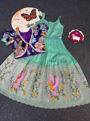 Position Printed & Embroidered Gown for Kids - Sea Green