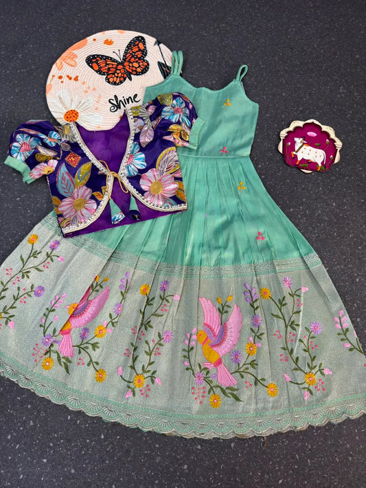 Position Printed & Embroidered Gown for Kids - Sea Green