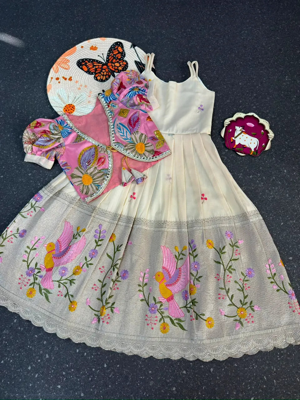 Position Printed & Embroidered Gown for Kids - Cream