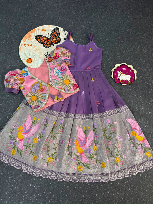 Position Printed & Embroidered Gown for Kids - Lavender