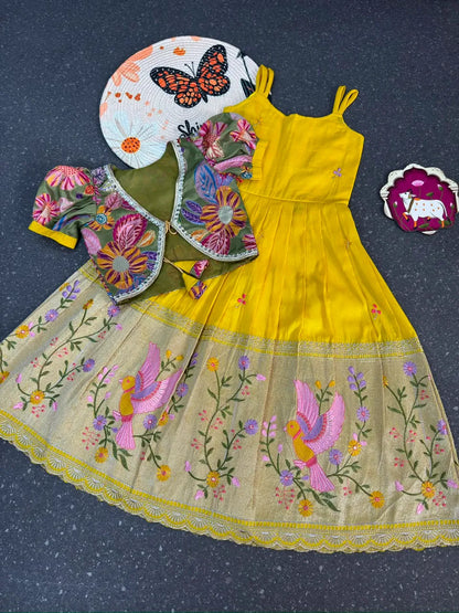 Position Printed & Embroidered Gown for Kids - Yellow