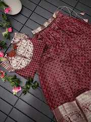Soft Silk Kanchipuram Kids Crop Top Lehenga Set - Maroon