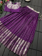 Soft Silk Kanchipuram Kids Crop Top Lehenga Set - Purple