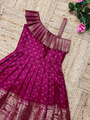 Kids Paithani Silk One-Shoulder Dress - Rani-Pink