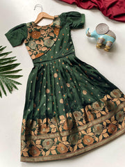 Girls Floral Zari Soft Silk Frock - Green