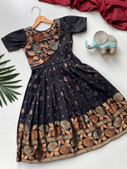 Girls Floral Zari Soft Silk Frock - Black