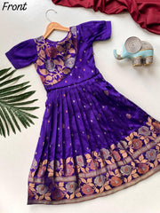 Girls Floral Zari Soft Silk Frock - Blue