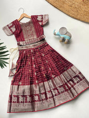 Kids Kanchipuram Silk Lehenga Choli Set - Maroon