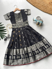 Kids Kanchipuram Silk Lehenga Choli Set - Black