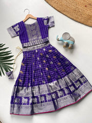 Kids Kanchipuram Silk Lehenga Choli Set - Blue