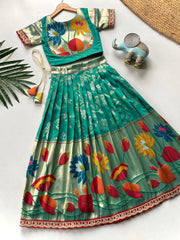 Kids Festive Paithani Lehenga Choli Set - Teal