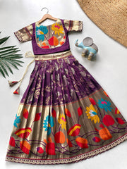 Kids Festive Paithani Lehenga Choli Set - Wine