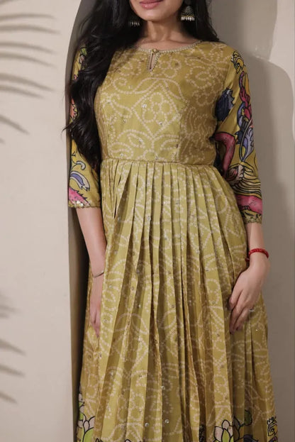 Kalamkari Print Handcrafted Folk Art Border Gown - Mehendi