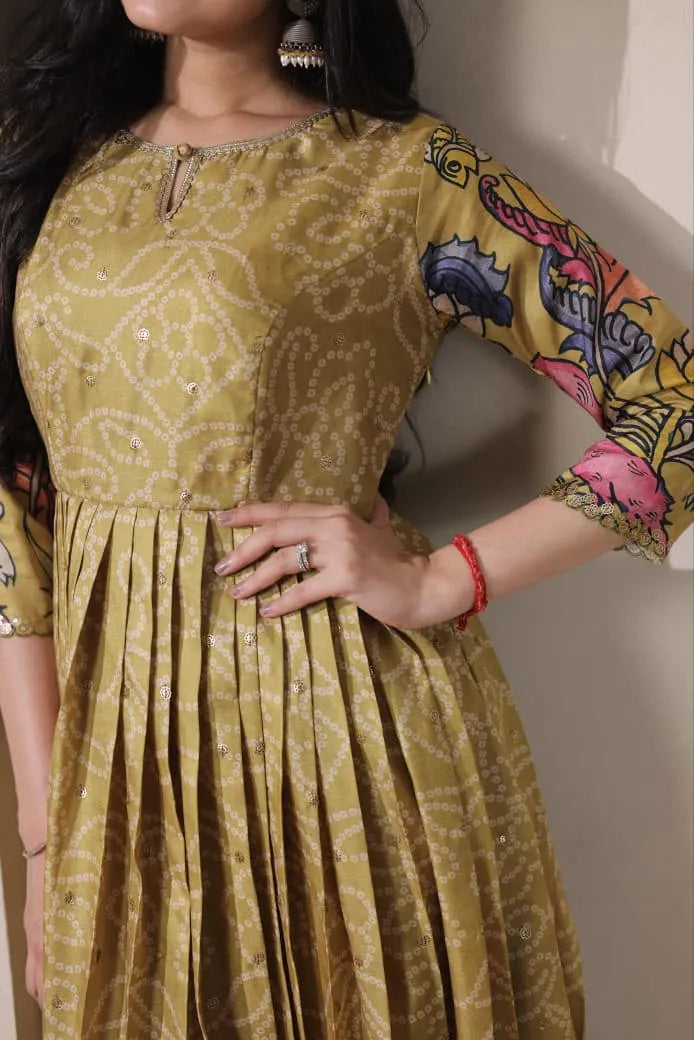 Kalamkari Print Handcrafted Folk Art Border Gown - Mehendi