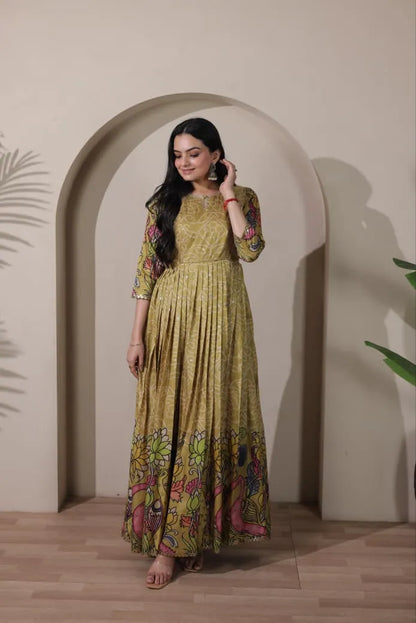 Kalamkari Print Handcrafted Folk Art Border Gown - Mehendi