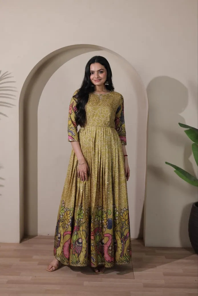 Kalamkari Print Handcrafted Folk Art Border Gown - Mehendi