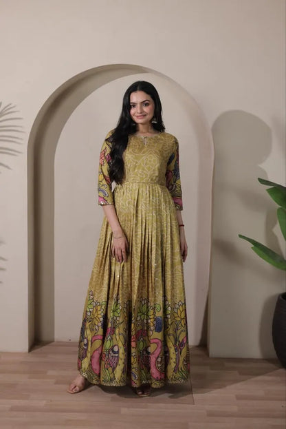 Kalamkari Print Handcrafted Folk Art Border Gown - Mehendi