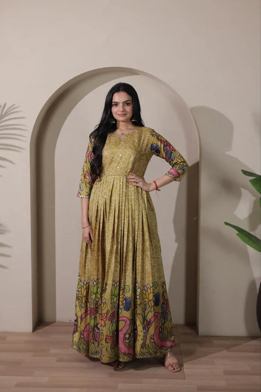 Kalamkari Print Handcrafted Folk Art Border Gown - Mehendi